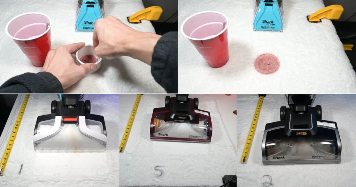 | Vacuum Wars Collage of the stain test setup on white carpet: grape juice stain being applied and a circular stain spot shown before cleaning, plus carpet cleaner passes over samples marked 1, 5, and 2, with tape measures showing visible numbers 2–12 alongside the test area.