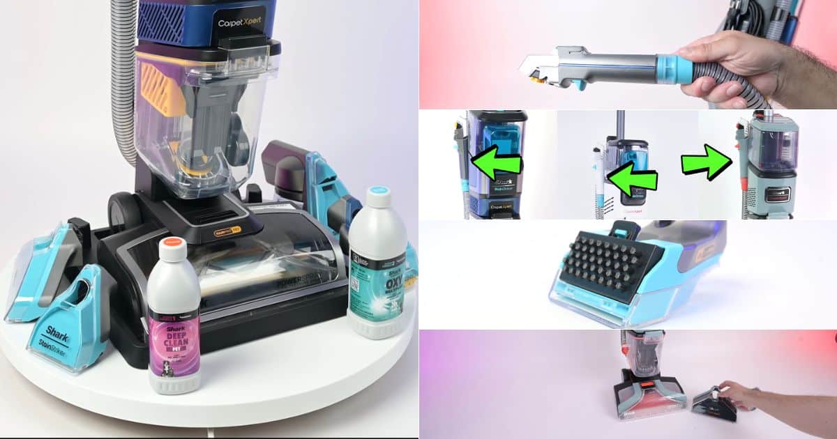 | Vacuum Wars Collage of a Shark CarpetXpert upright with solution bottles and the Shark StainStriker tool. It also shows close-ups of a hose tool, a bristle attachment, and the blue oxy solution tank location on different Shark models (marked with green arrows).