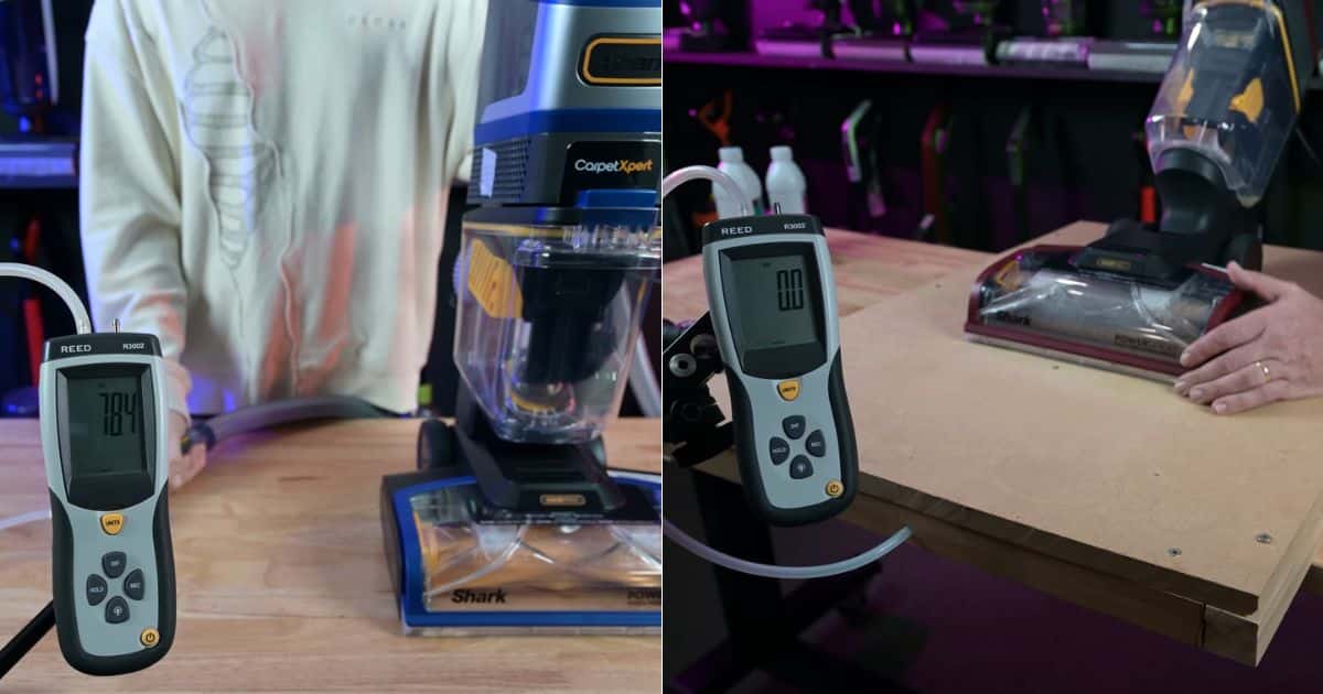 | Vacuum Wars Suction test photos using a REED R3002 gauge: left image shows a reading of 78.4 beside a Shark carpet cleaner; right image shows a reading of 00 near a Shark floor nozzle on the test bench.