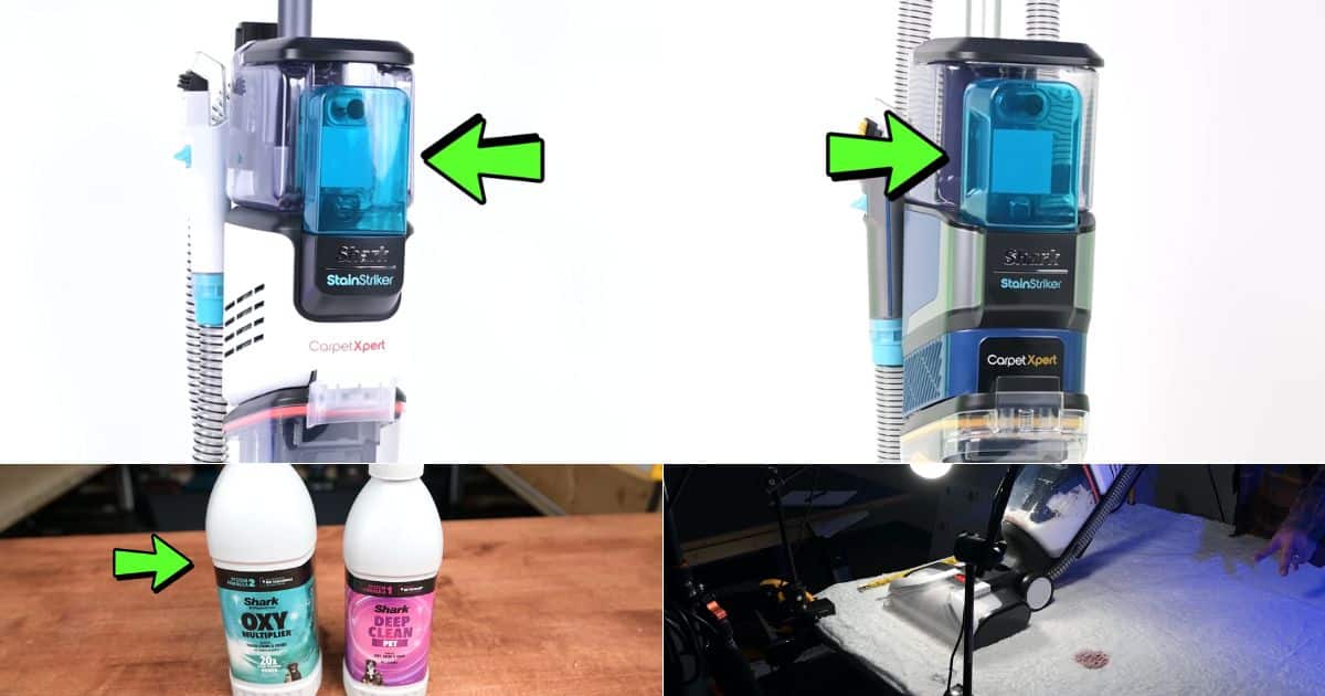 | Vacuum Wars Collage showing the small onboard blue oxy solution tank on two Shark CarpetXpert uprights, plus bottles labeled Shark OXY Multiplier 12 oz (360 mL) with “20X” and Shark Deep Clean Pet, alongside a stain-testing setup.