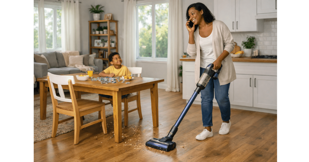 Cordless Vacuum convenience at home | Vacuum Wars Woman using a cordless stick vacuum on a hardwood floor while talking on the phone, with a child sitting at a table nearby in a bright kitchen and dining area.