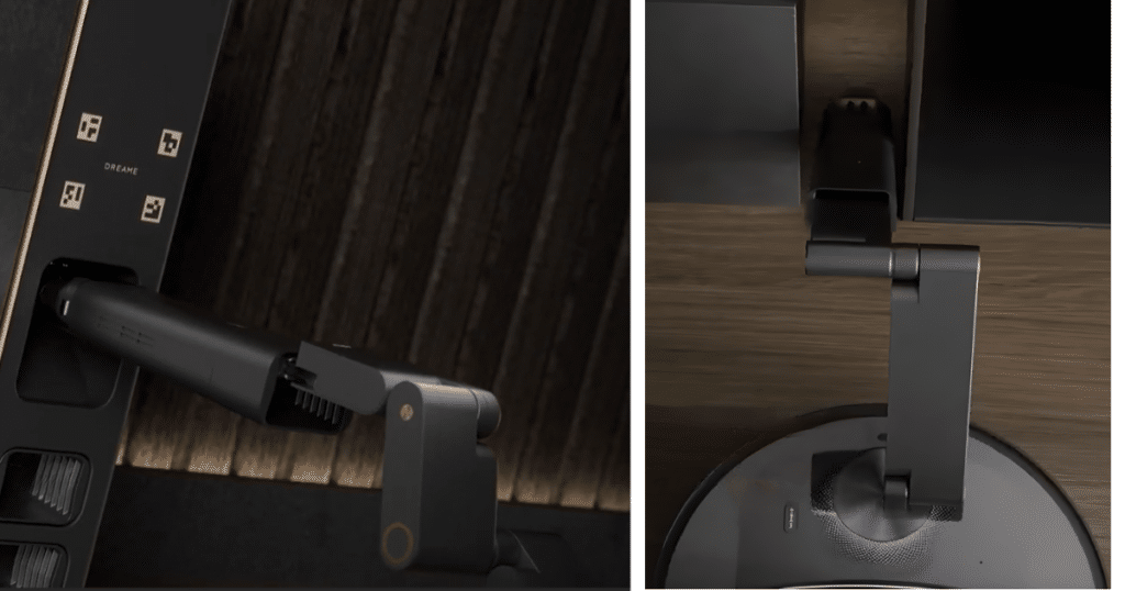 Dreame Cyber 10 Ultra tools | Vacuum Wars Robot vacuum retrieving and using a cleaning tool with a robotic arm to access tight spaces and baseboards