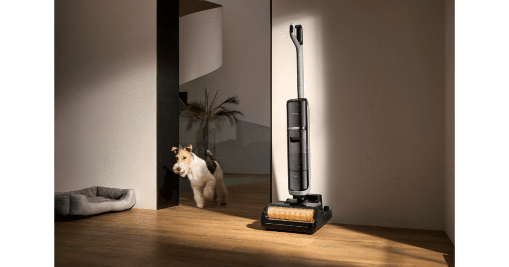 Dreame H15 Pro Heat at home | Vacuum Wars Upright wet/dry vacuum cleaning hard floors in a home setting, shown docked with a heated roller