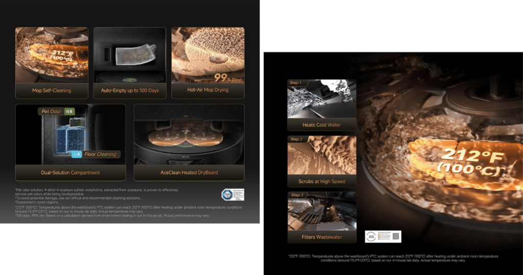 Dreame X60 Dock | Vacuum Wars Fully automated dock for the Dreame X60 Max Ultra Complete showing dust emptying, hot-water mop washing, heated drying, and dual-solution water tanks.
