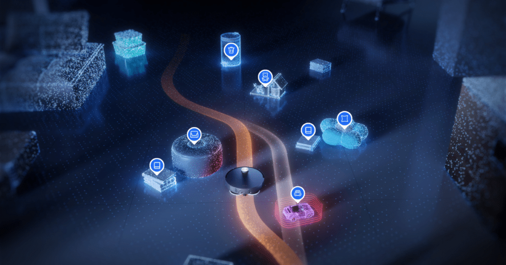 Illustration showing a robot vacuum navigating a mapped home environment using AI-assisted object recognition and path planning