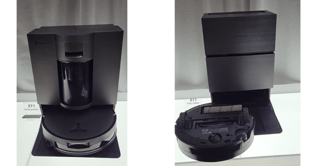 Ecovacs Deebot x11 pro omni vs omnicyclone | Vacuum Wars A side by side image of the ECOVACS DEEBOT X11 OmniCyclone (left) and the ECOVACS DEEBOT X11 Pro Omni (right) displaying the bagged vs bagless docks.