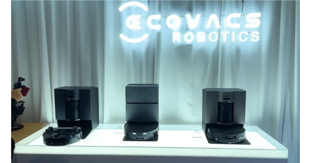 Ecovacs Robot Vacuums at CES 2026 | Vacuum Wars Ecovacs Deebot robot vacuums displayed with docking stations at a CES exhibit under the Ecovacs Robotics sign.