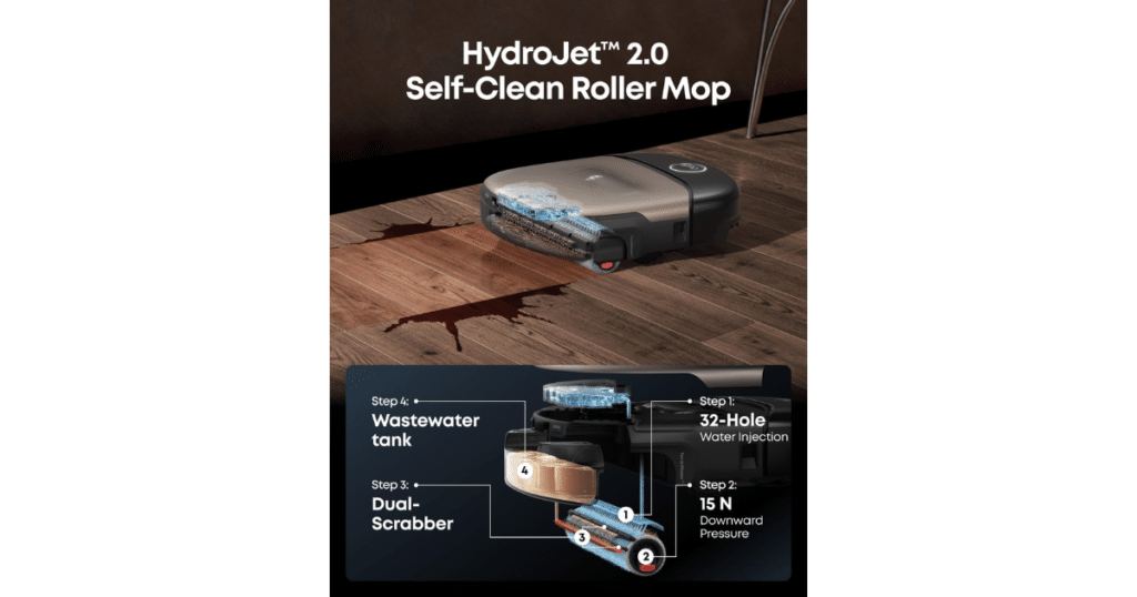 Eufy Omni S2 HydroJet | Vacuum Wars Eufy Omni S2 robot vacuum using its HydroJet roller mop on a hard floor with a diagram of the self-cleaning mopping system