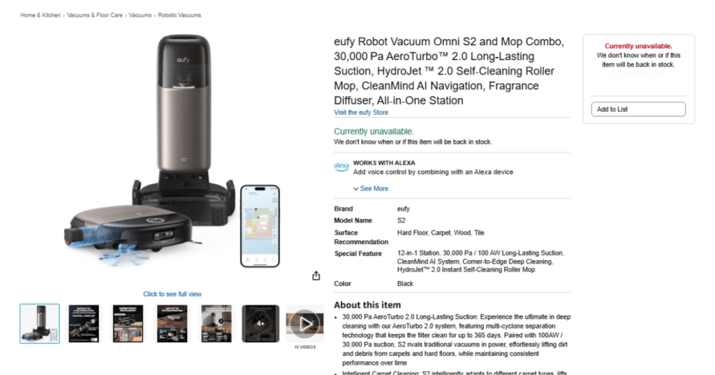 Eufy S2 Unavailable | Vacuum Wars Amazon listing for the Eufy Omni S2 robot vacuum showing โCurrently unavailableโ status.