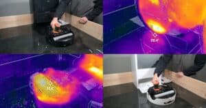 | Vacuum Wars Four-panel collage showing mop-wash temperature testing, including thermal camera views with on-screen readings of 20.4° and 32.8. A tester takes infrared thermometer measurements on a robot vacuum near its dock.