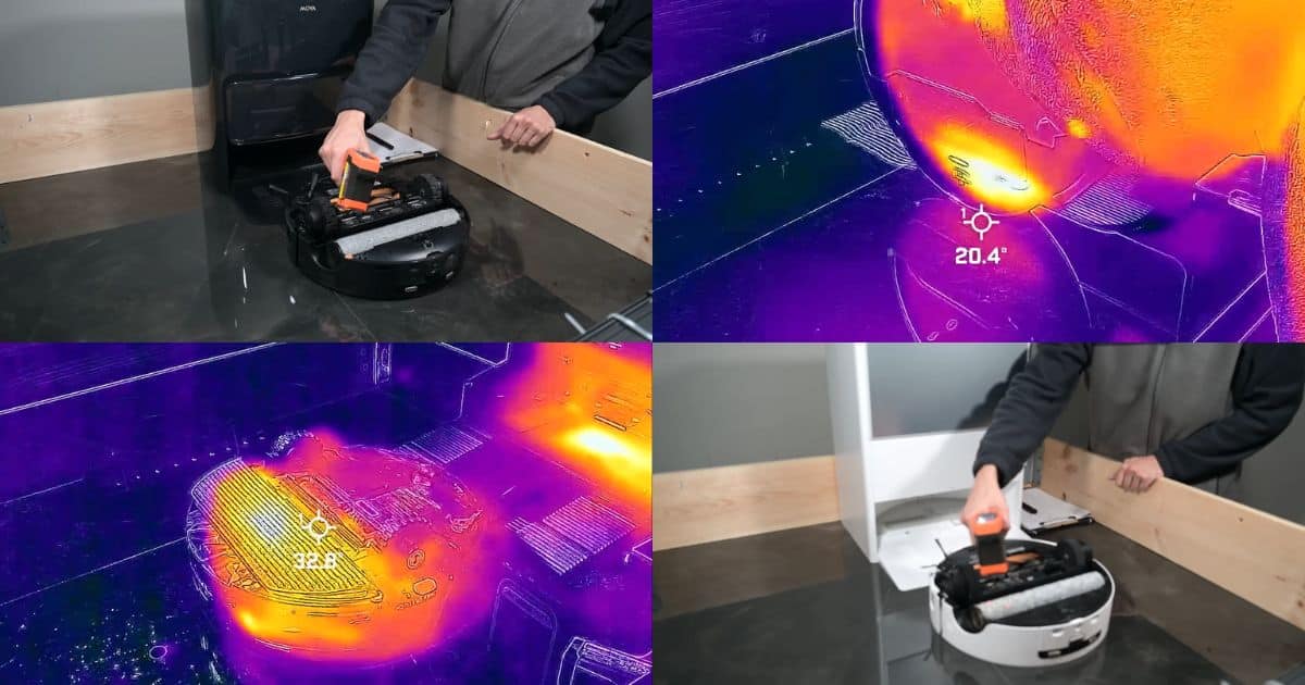 | Vacuum Wars Four-panel collage showing mop-wash temperature testing, including thermal camera views with on-screen readings of 20.4° and 32.8. A tester takes infrared thermometer measurements on a robot vacuum near its dock.