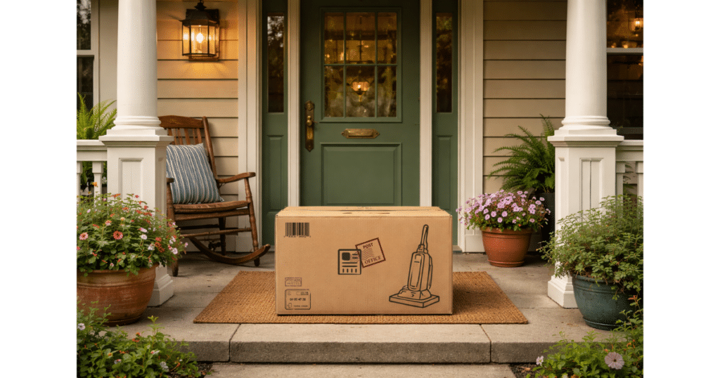Home Vacuum Cleaner Mail Delivery | Vacuum Wars A boxed vacuum cleaner delivered on a front porch, illustrating modern direct-to-consumer and online vacuum purchasing.