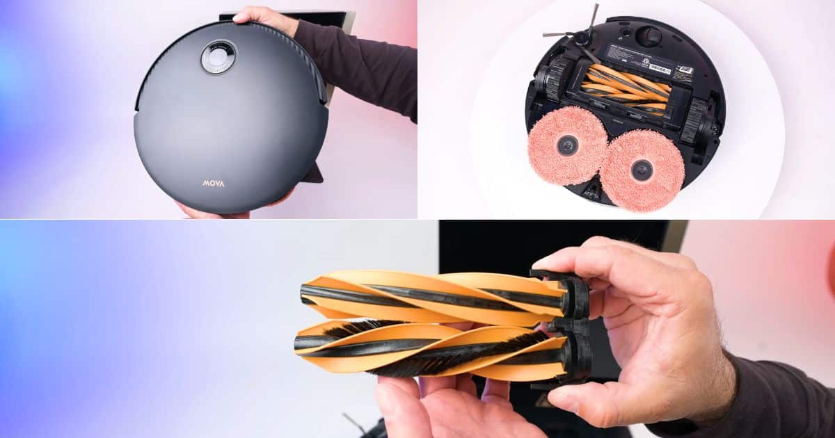 | Vacuum Wars Collage of the MOVA Mobius 60 showing a top view of the robot, the underside with two spinning mop pads and dual brush rollers, and a close-up of the twin brush rollers held in hand.