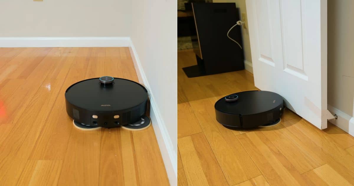 | Vacuum Wars Two photos of the MOVA Mobius 60 robot vacuum mopping on hardwood, shown cleaning along a baseboard edge and near a doorway with the mop pads visible underneath.