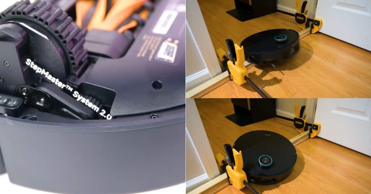 | Vacuum Wars Collage showing a close-up of the wheel area labeled “StepMaster™ System 2.0,” plus two photos of the Mobius 60 approaching and crossing a raised doorway threshold on hardwood.