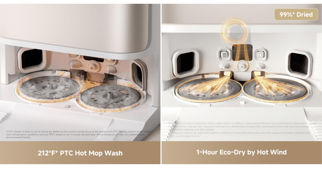 MOVA P10 Pro Ultra Gen 2 dock | Vacuum Wars MOVA P10 Pro Ultra Gen 2 all-in-one dock showing 212°F PTC hot mop washing and 1-hour hot air Eco-Dry system with up to 99% mop pad drying