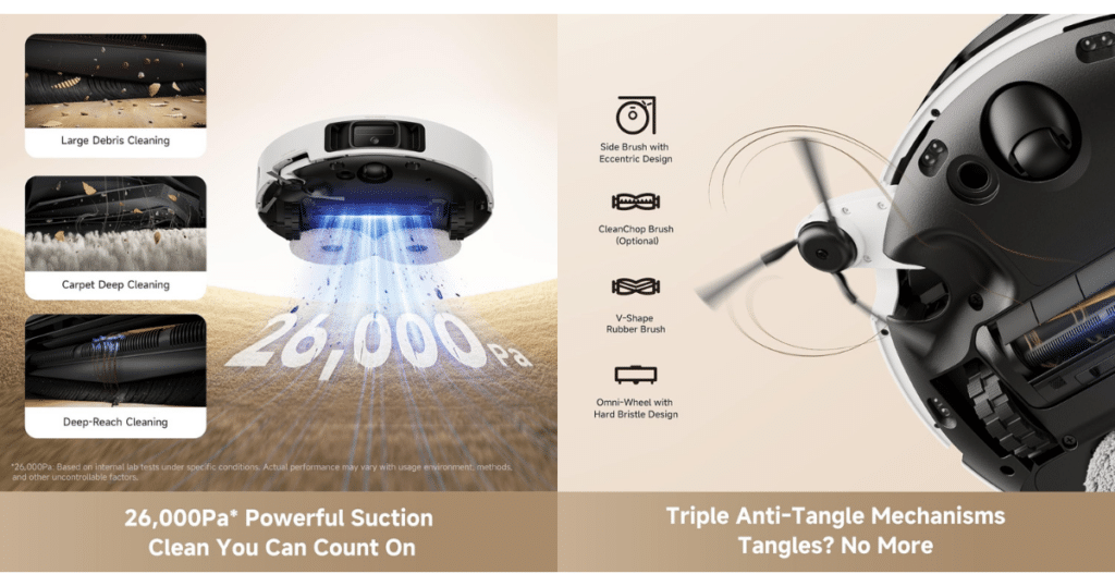 MOVA P10 Pro Ultra Gen 2 suction brushes | Vacuum Wars MOVA P10 Pro Ultra Gen 2 robot vacuum showing 26,000Pa suction power and triple anti-tangle brush system with side brush, V-shaped rubber brush, optional CleanChop brush, and anti-tangle omni-wheel