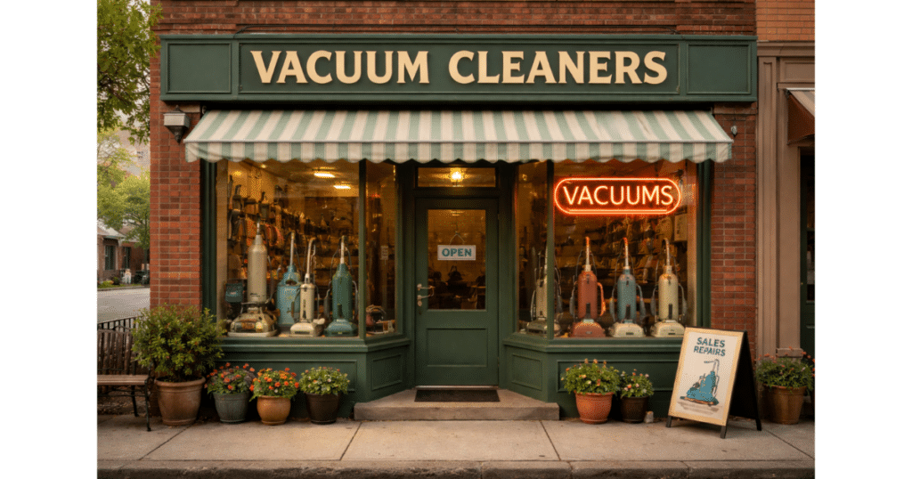 Neighborhood independent Vacuum store | Vacuum Wars Exterior of a traditional vacuum cleaner store displaying multiple upright vacuums in the window, representing specialty retail vacuum shops of the past.