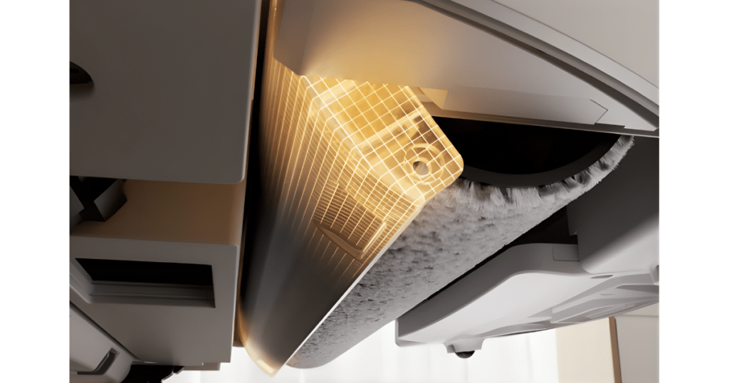 Roborock Qrevo Curv 2 Flow shield | Vacuum Wars Roborock Qrevo Curv 2 Flow roller mop lifting and roller shield system shown in close-up, designed to protect carpets during vacuuming and mopping on mixed flooring.