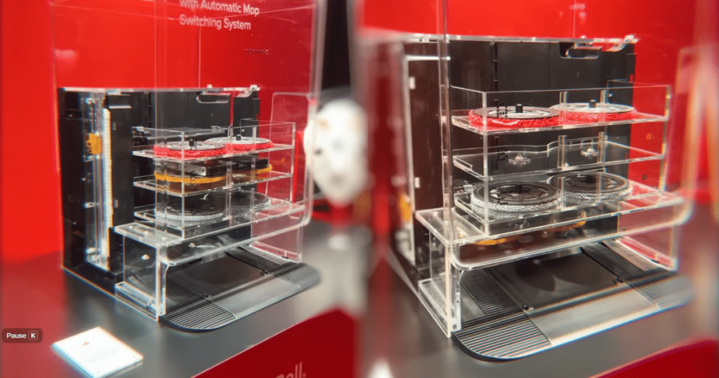 Roborock Saros 20 Mop Switching Station at CES 2026 | Vacuum Wars A future Roborock Saros 20 dock concept supports three interchangeable mop pads that automatically switch based on the room being cleaned.