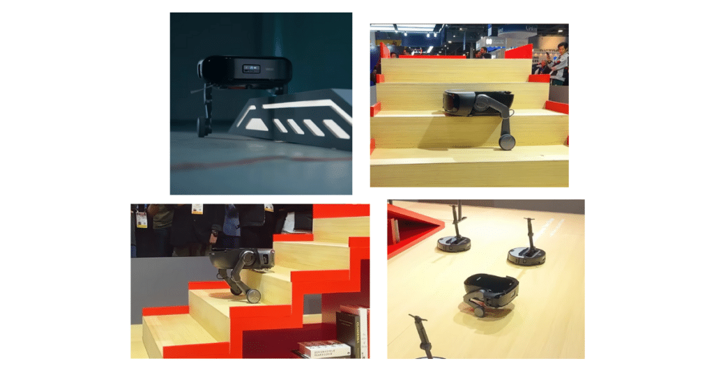 Roborock Saros Rover in Action at CES 2026 | Vacuum Wars Roborock Saros Rover robot vacuum demonstrating robotic leg system climbing and cleaning stairs at CES 2026