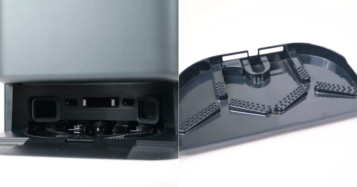 | Vacuum Wars Split image showing a robot vacuum dock wash bay on the left and a removable textured wash tray with raised ridges on the right.