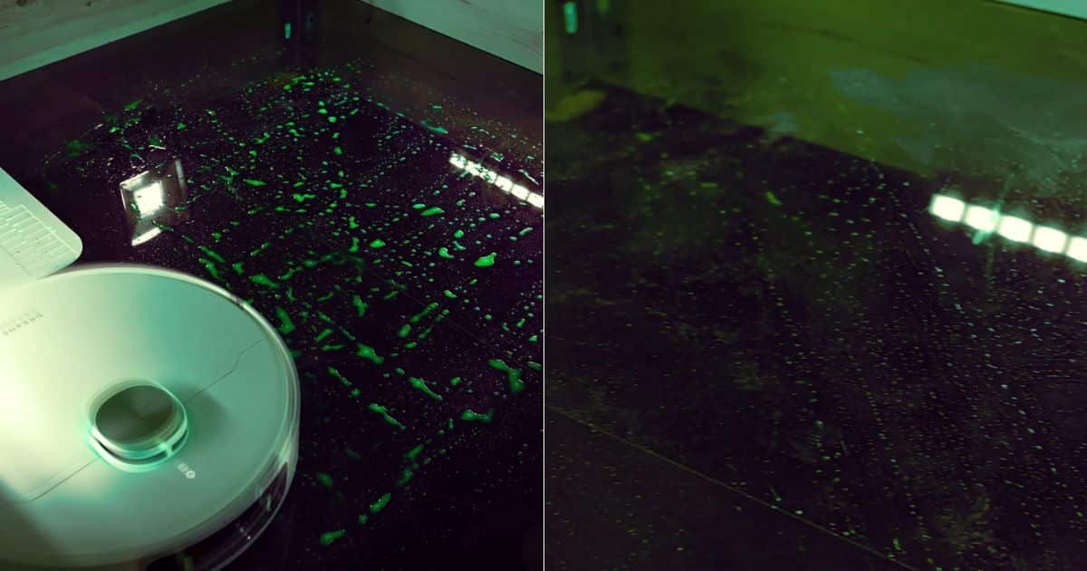 | Vacuum Wars Split-screen under a green/UV-style light: left shows a robot vacuum near a floor with scattered liquid splashes; right shows the same area after mopping with fewer visible droplets and streaks across the surface.