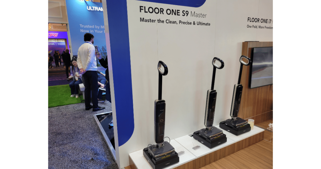 Tineco Floor ONE S9 Master hard floor cleaner at CES 2026 | Vacuum Wars Tineco Floor ONE S9 Master wet/dry hard floor cleaner displayed at CES 2026 with docked units on the show floor
