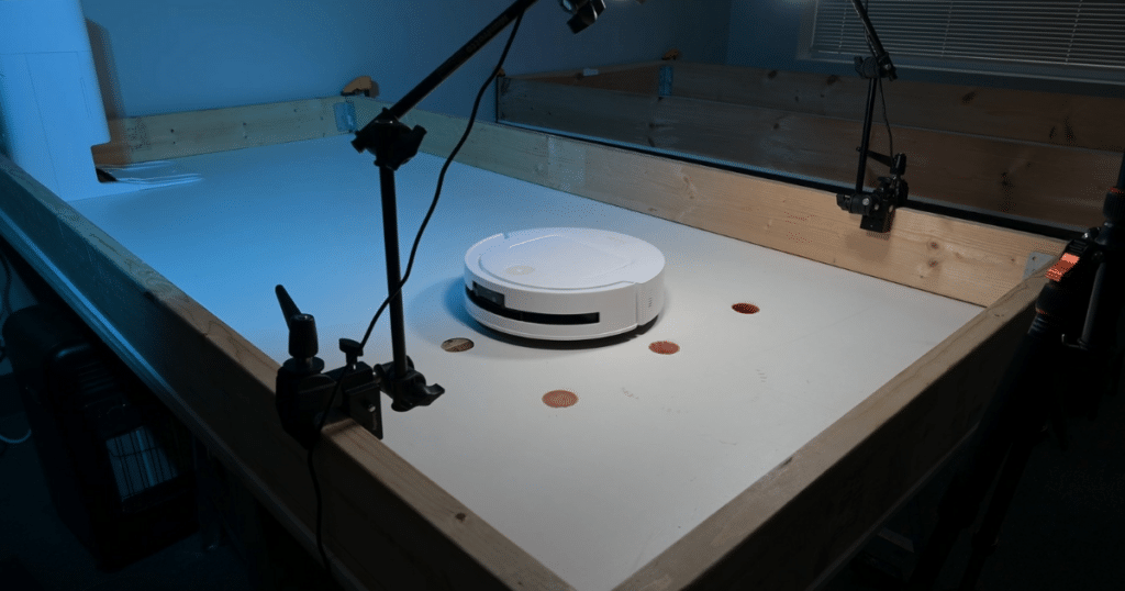 Yeedi M14 Plus mopping evaluation | Vacuum Wars Yeedi M14+ robot vacuum midway through mopping evaluation, with all previously encountered test stains removed from the hard floor surface.