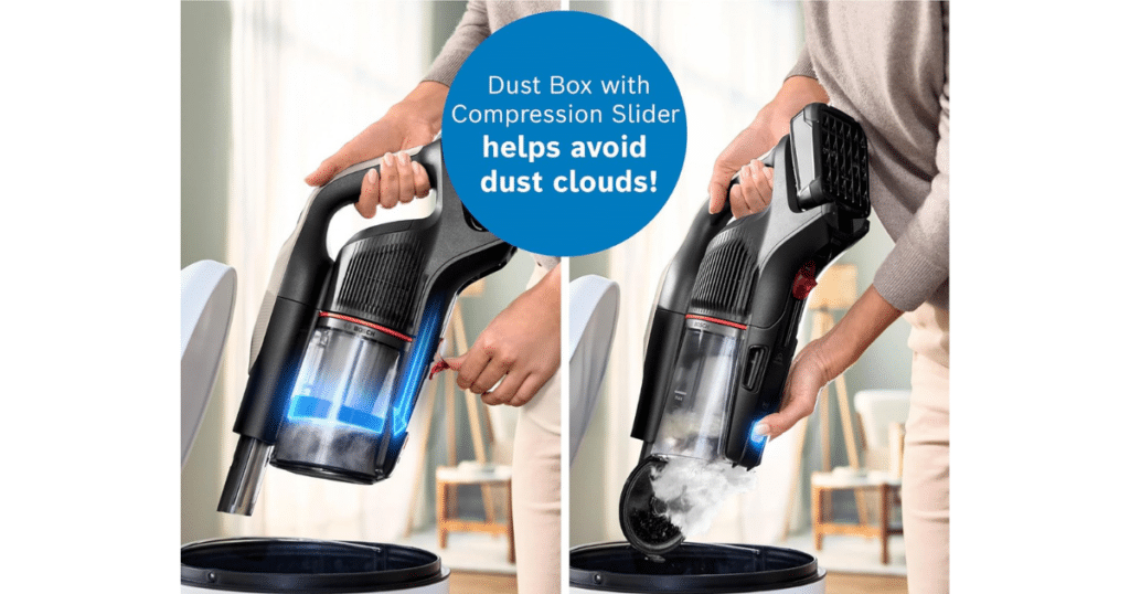 bosch unlimited 10 dustbin | Vacuum Wars Bosch Unlimited 9 and Unlimited 10 dust box compression slider reduces dust clouds and allows up to 50% less frequent emptying