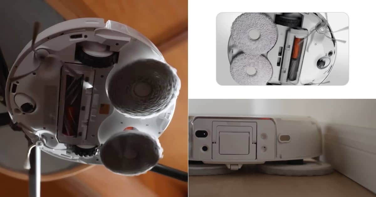 | Vacuum Wars Collage of the DJI Romo robot vacuum underside showing dual spinning mop pads, the main roller brush, side brush, and a close-up of the front sensor area near the floor.