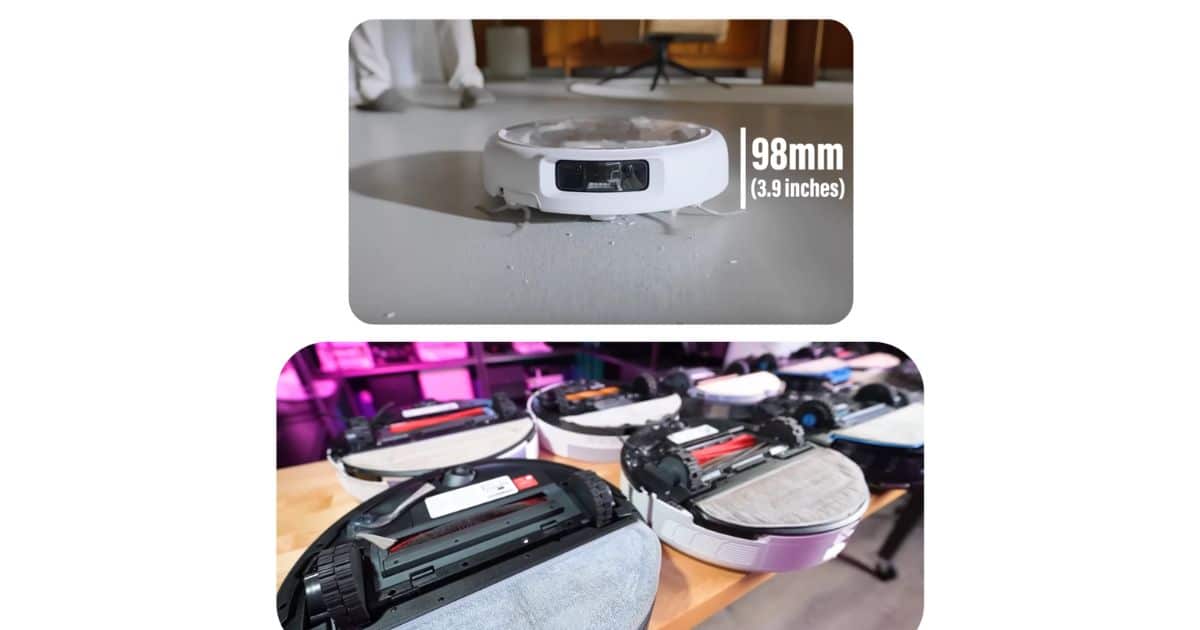 | Vacuum Wars DJI Romo robot vacuum shown from the side with on-screen text “98mm (3.9 inches),” plus a second shot comparing multiple robot vacuums on a table.