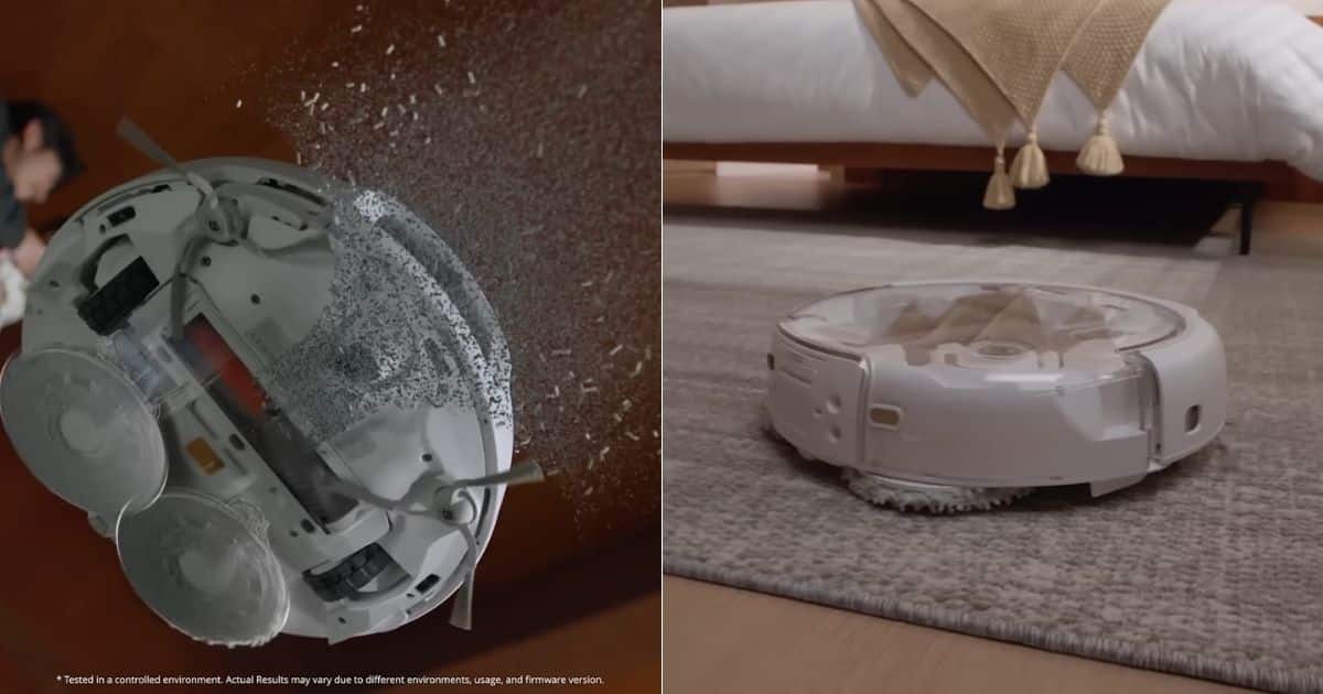 | Vacuum Wars Split image showing the DJI Romo robot vacuum underside with dual spinning mop pads and debris swirling during cleaning, plus the robot sitting on a rug next to hard flooring.