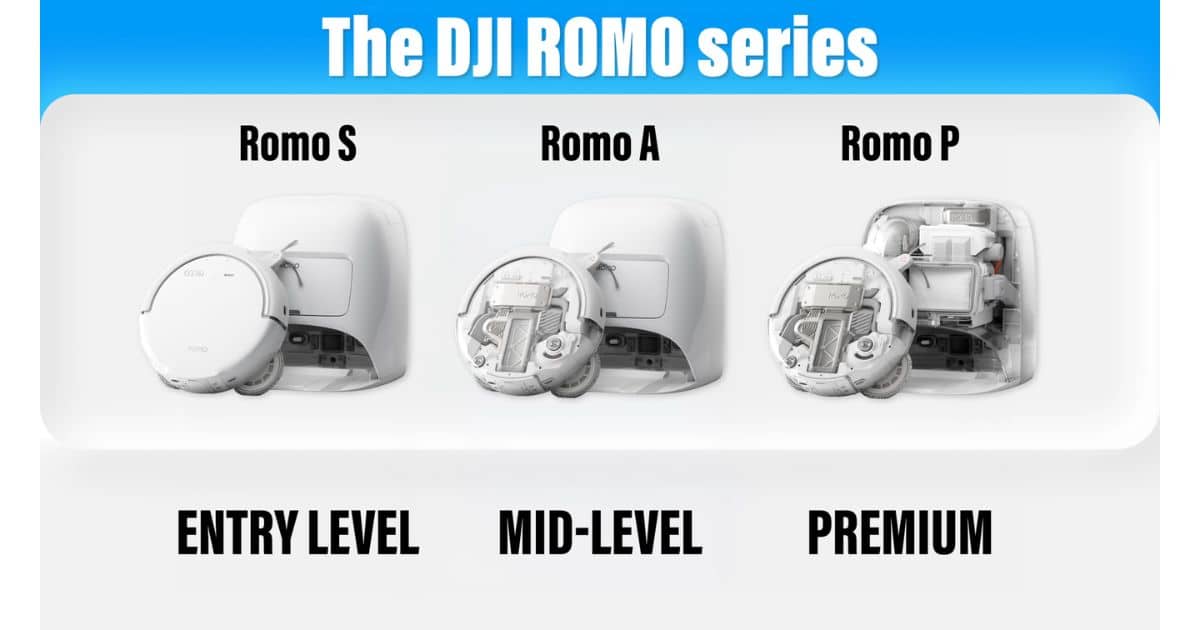 | Vacuum Wars Graphic titled “The DJI ROMO series” showing Romo S, Romo A, and Romo P with labels “ENTRY LEVEL,” “MID-LEVEL,” and “PREMIUM.”