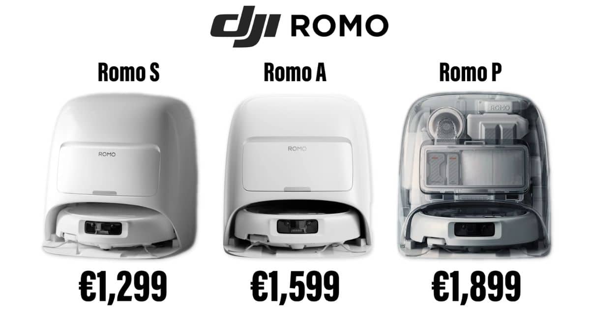| Vacuum Wars DJI ROMO lineup image showing Romo S priced at €1,299, Romo A at €1,599, and Romo P at €1,899, each pictured with its dock.