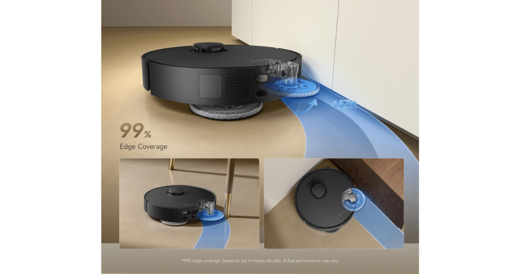 Dreame D30 Ultra Extended Mopping | Vacuum Wars Dreame D30 Ultra robot vacuum mopping along a wall with edge-cleaning feature highlighted.