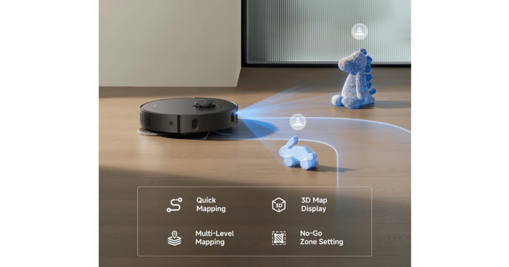 Dreame D30 Ultra Navigation | Vacuum Wars Dreame D30 Ultra robot vacuum navigating around toys with mapping and obstacle avoidance visualization.