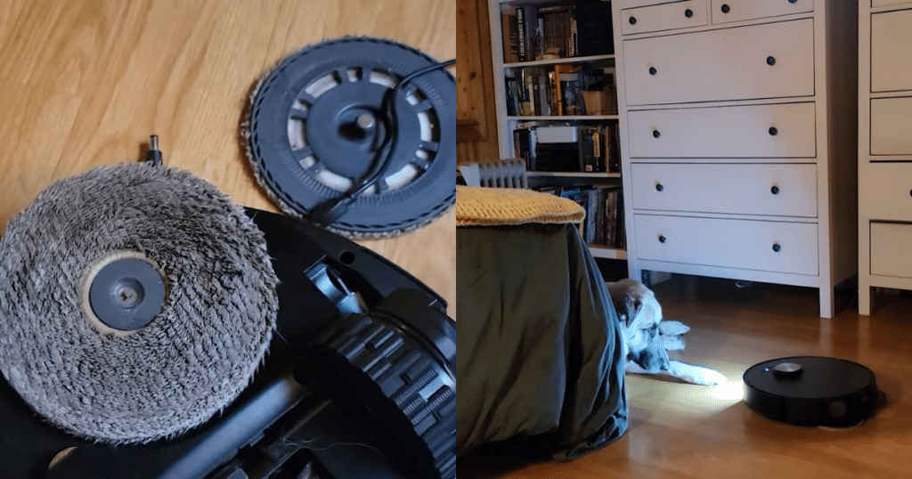 Dreame L50 Ultra Update Obstacle Avoidance | Vacuum Wars Dreame L50 Ultra robot vacuum navigating around cables and a dog on hardwood floors, demonstrating obstacle avoidance in a busy home.