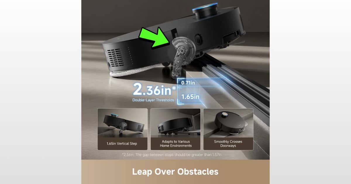 | Vacuum Wars Obstacle-crossing graphic labeled “Leap Over Obstacles,” showing 2.36in* double-layer thresholds, with a step diagram marked 0.71in and 1.65in, plus a tile labeled 1.65in Vertical Step; footnote says the gap between steps should be greater than 1.57in.