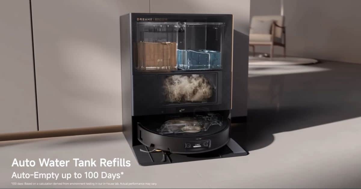 | Vacuum Wars Dock image labeled “Auto Water Tank Refills” and “Auto-Empty up to 100 Days*,” showing the Dreame X60 Max Ultra dock with visible water tanks and the robot seated in the base.