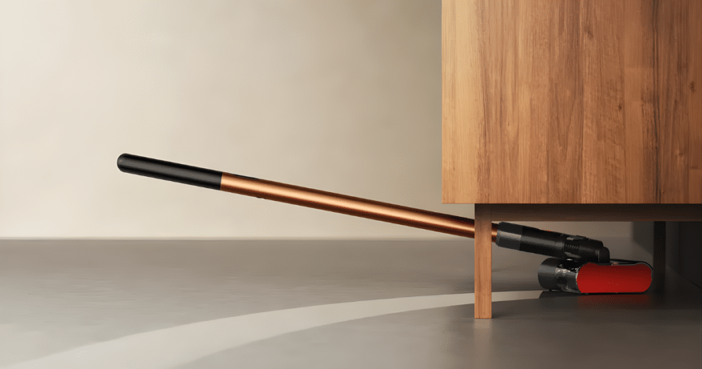 Dyson PencilVac Lay Flat | Vacuum Wars Dyson PencilWash lying nearly flat to clean underneath a low cabinet on a hard floor.