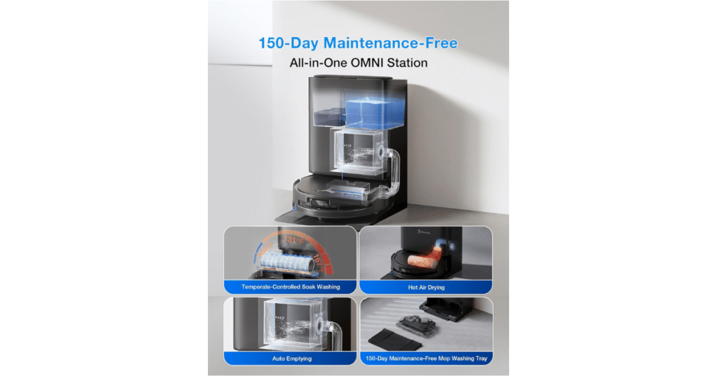 Ecovacs Deebot OMNI T80s Robot Vacuum OMNI Station | Vacuum Wars Ecovacs Omni T80S dock showing automated hot water mop washing, auto-emptying, and 145°F heated drying.