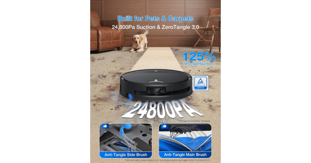 Ecovacs Deebot OMNI T80s Robot Vacuum Suction Power | Vacuum Wars Ecovacs Omni T80S robot vacuum highlighting 24,800Pa suction and ZeroTangle brush system for pet hair control.