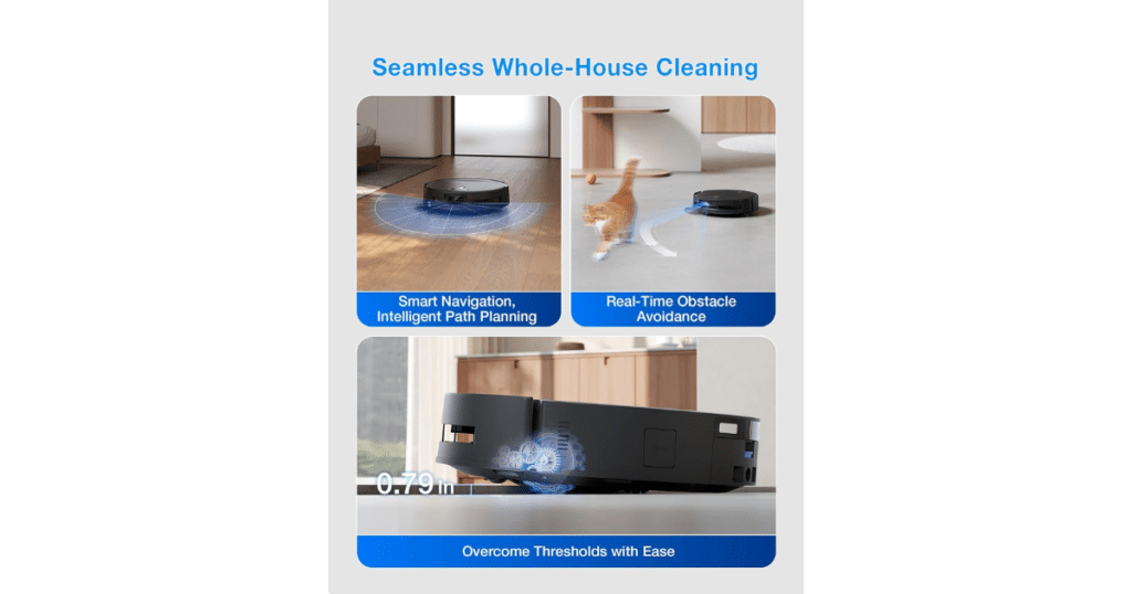 Ecovacs Deebot OMNI T80s Robot Vacuum Whole House Cleaning | Vacuum Wars Ecovacs Omni T80S showing AIVI 3D AI navigation, real-time obstacle avoidance, and threshold climbing for whole-home cleaning.