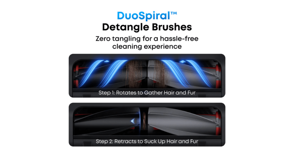 Eufy C28 detangling | Vacuum Wars Eufy C28 Omni DuoSpiral detangling brush system showing dual rotating brushes designed to reduce hair wrap and pull hair into the dustbin