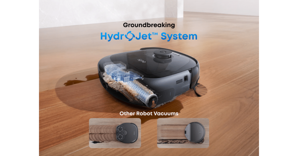 Eufy C28 mopping | Vacuum Wars Eufy C28 Omni robot vacuum demonstrating HydroJet self-cleaning roller mop system with continuous fresh water and debris scraper on hard floors