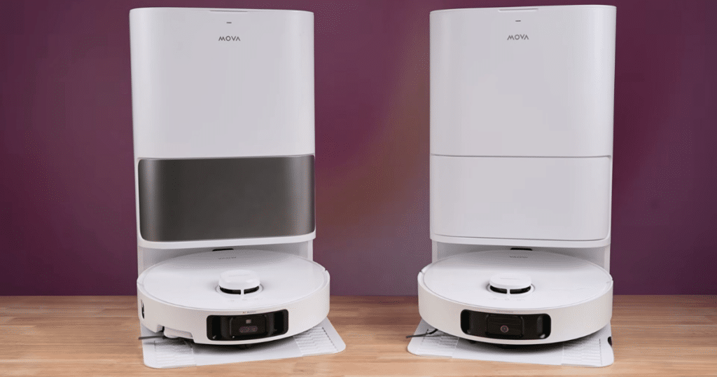 MOVA E40 Ultra V P10 Pro Ultra Hero | Vacuum Wars Side-by-side photo of the MOVA E40 Ultra and MOVA P10 Pro Ultra robot vacuums with their auto-empty docking stations.