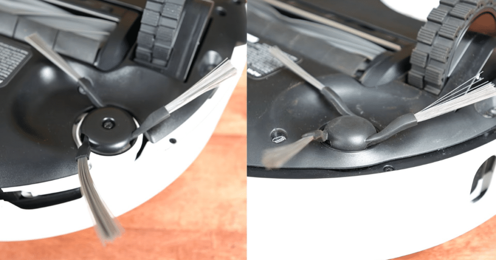 MOVA E40 Ultra V P10 Pro Ultra brushes | Vacuum Wars Close-up comparison of the single side brush design on the MOVA E40 Ultra and MOVA P10 Pro Ultra robot vacuums, showing similar brush layout and underside construction.