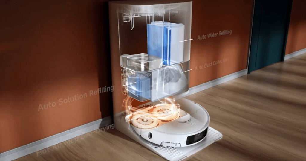 MOVA P10 Pro Ultra robot vacuum dock showing internal compartments for auto water refilling, dust collection, and solution dispensing, with the robot positioned on the base.