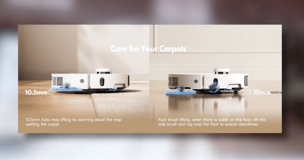 MOVA E40 Ultra V P10 Pro Ultra mop lifting | Vacuum Wars Robot vacuum mop pad lifting on carpet showing automatic 10.5mm mop lift to prevent wetting rugs and carpets.
